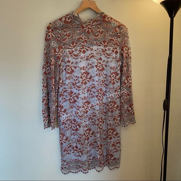 GANNI Blue Red Floral Lace Mockneck Long Sleeve Formal Mini Dress Comfy Event S - Picture 14 of 16